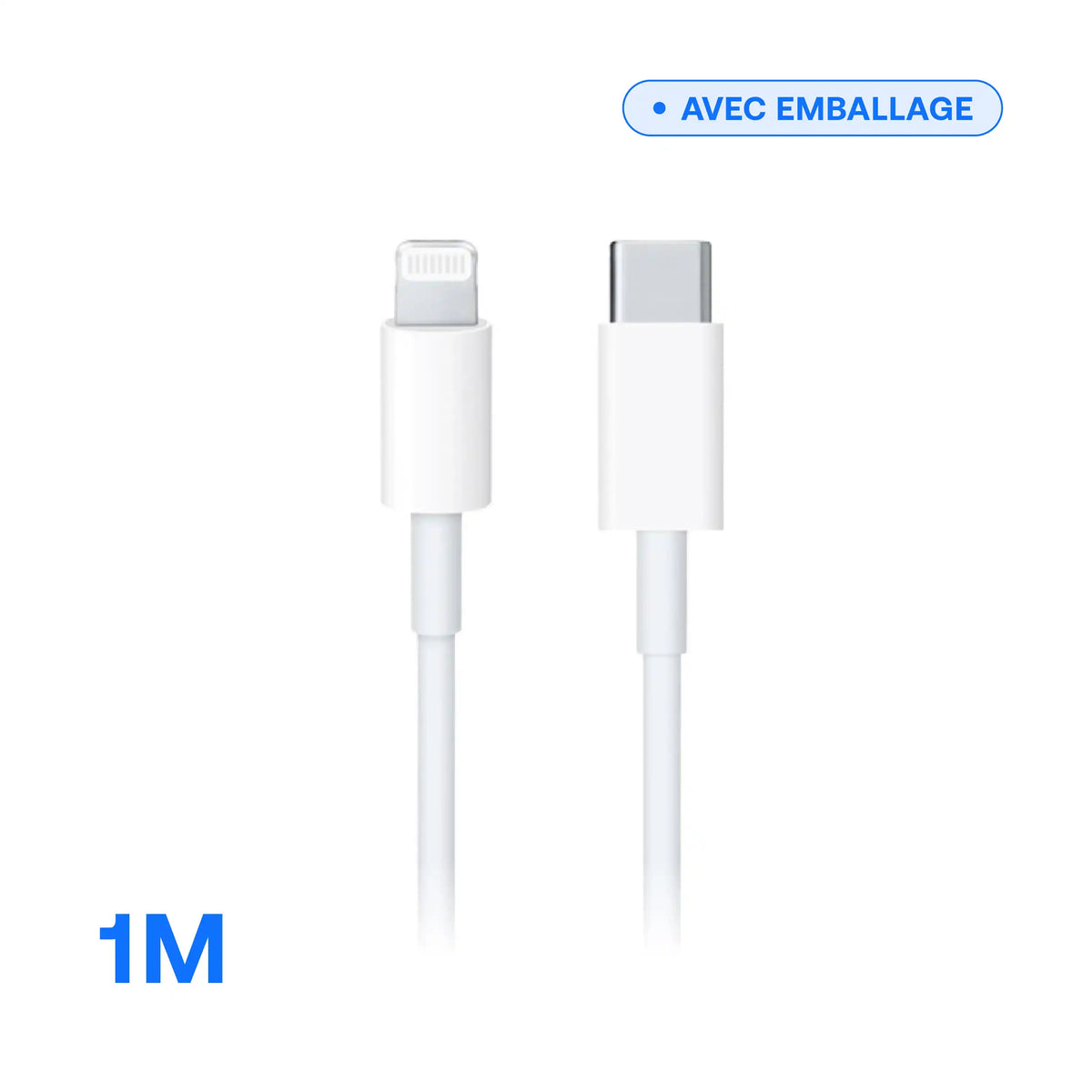Câble USB-C vers Lightning — 1 m noir, gros plan sur les connecteurs, vendu avec emballage