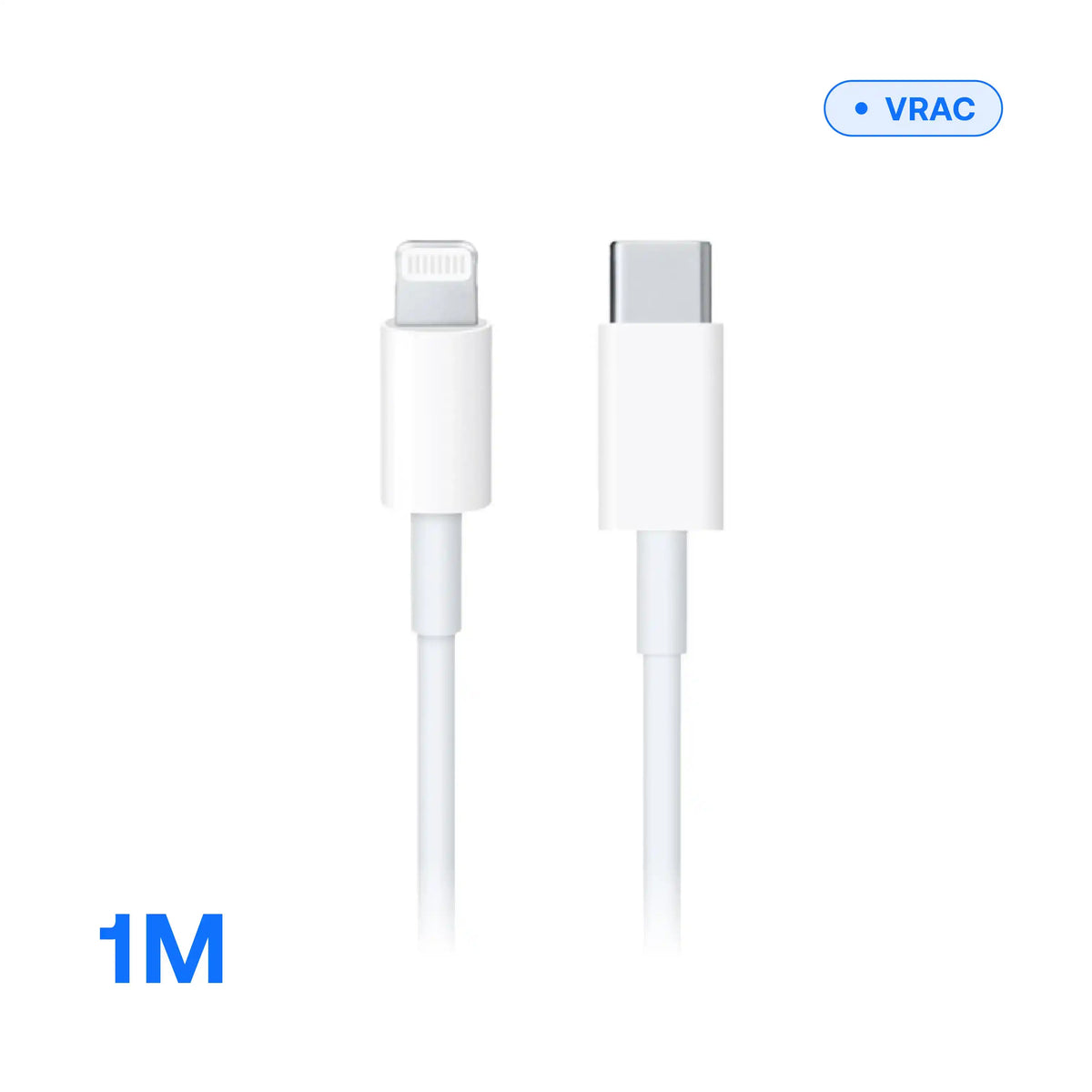 Câble USB-C vers Lightning — 1 m noir, gros plan sur les connecteurs, en vrac