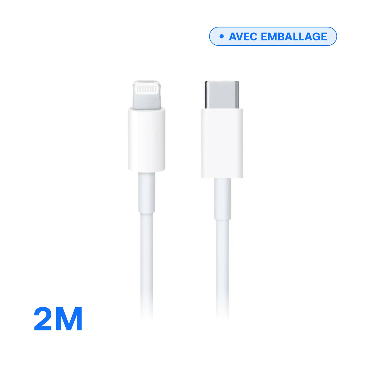 Câble USB-C vers Lightning — 2 m noir, gros plan sur les connecteurs, vendu avec emballage