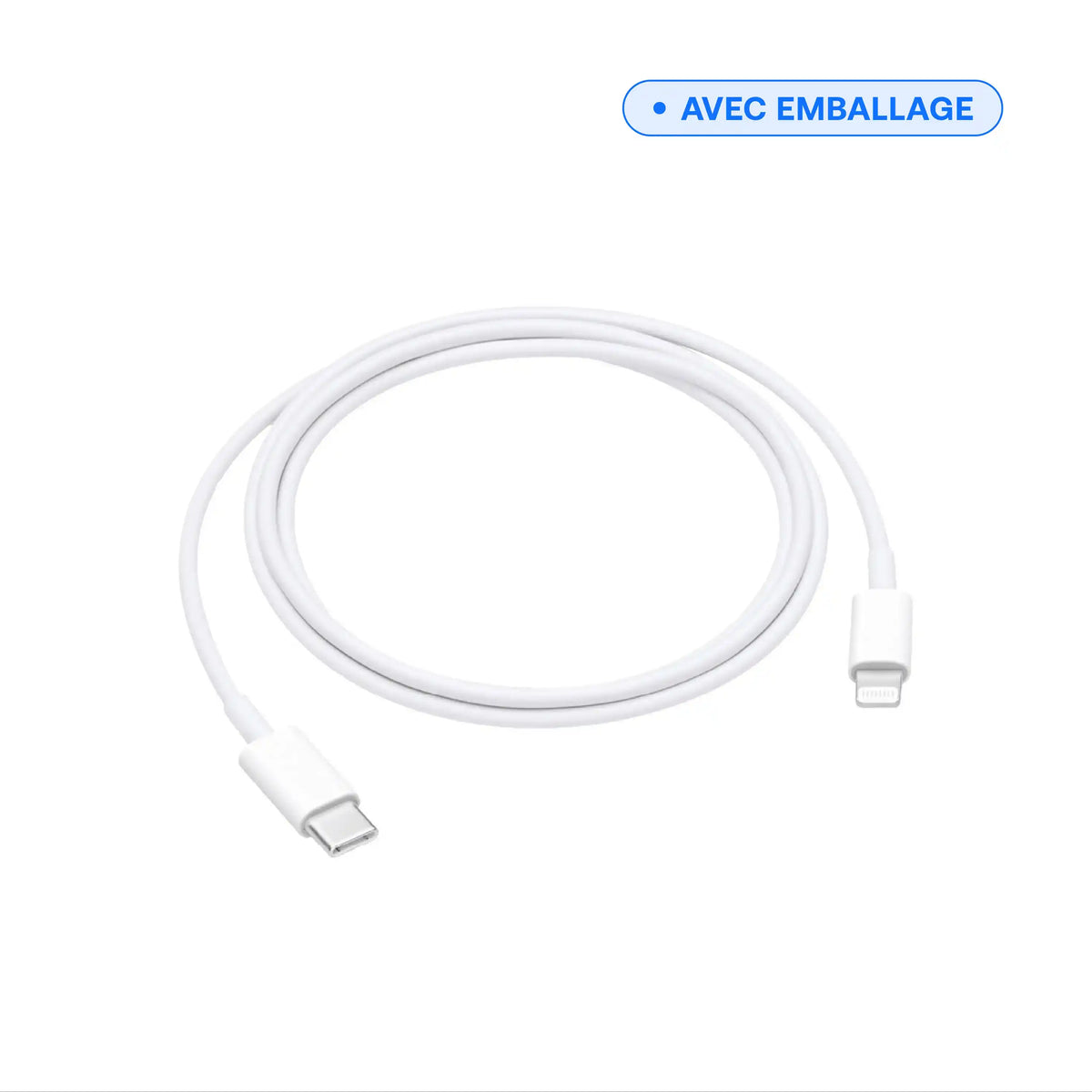 USB-C to Lightning cable — 2 m black, full view of the coiled cable, sold with packaging