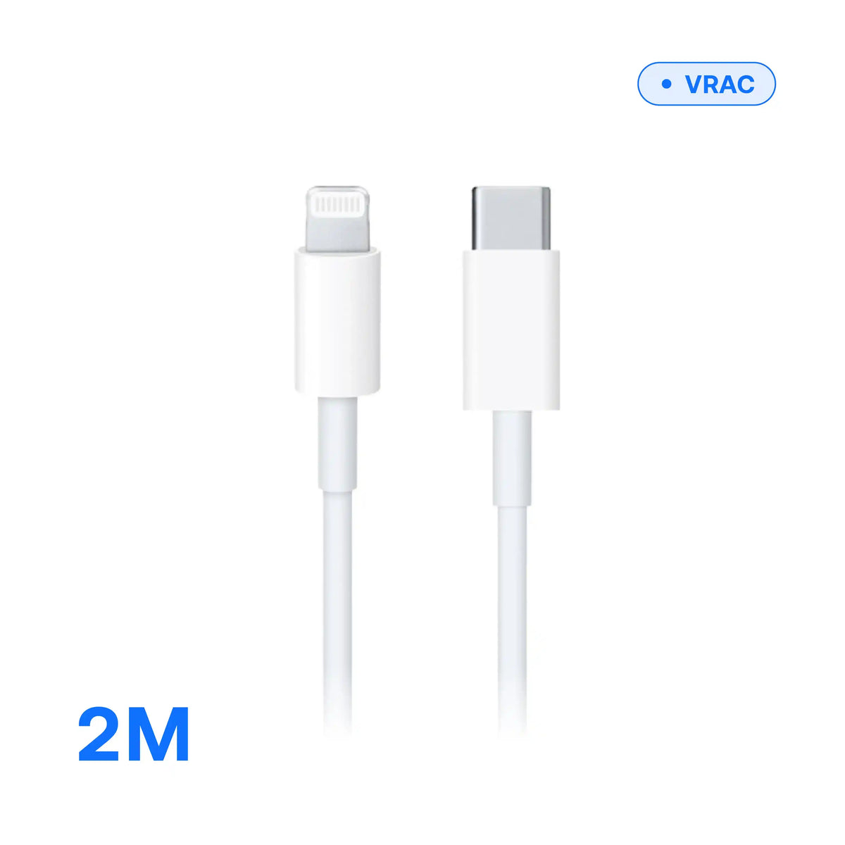 Câble USB-C vers Lightning — 2 m noir, gros plan sur les connecteurs, en vrac