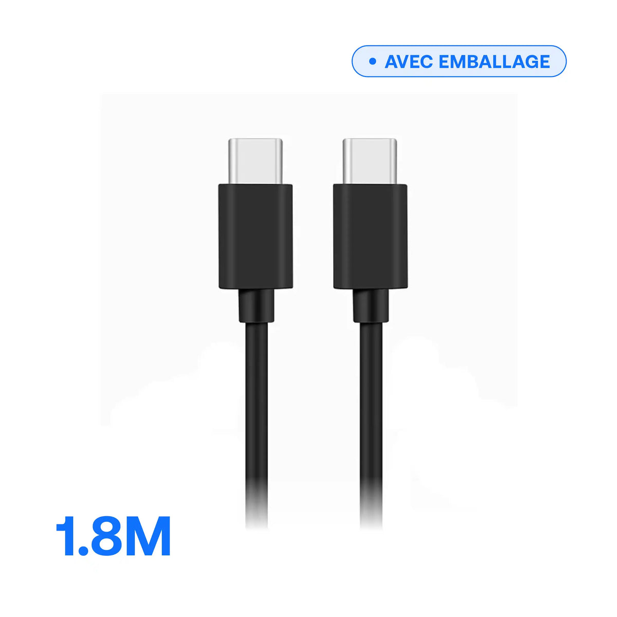 USB-C to USB-C cable 5 A — 1.8 m black, close-up of the connectors, sold with packaging