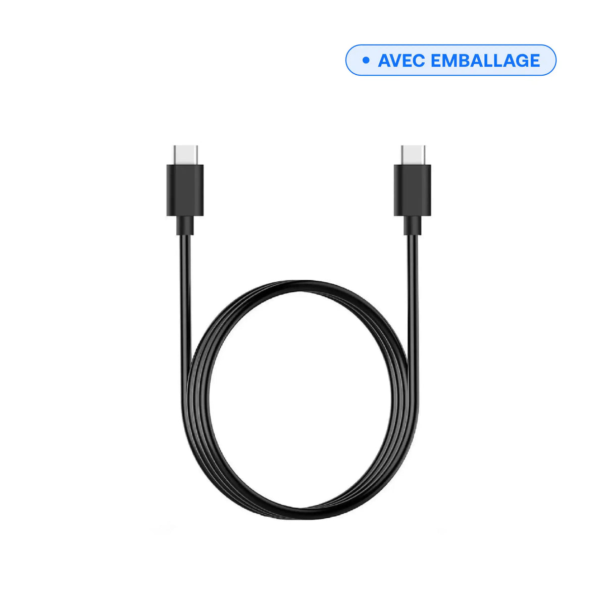 Câble USB-C vers USB-C 5 A — 1,8 m noir, vue complète du câble enroulé, vendu avec emballage