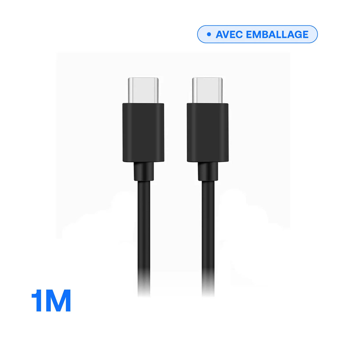 Câble USB-C vers USB-C 3 A — 1 m noir, gros plan sur les connecteurs, vendu avec emballage