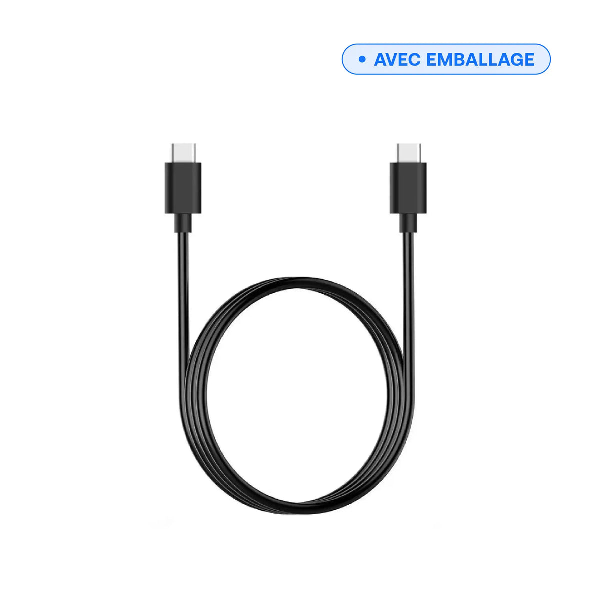 Câble USB-C vers USB-C 3 A — 1 m noir, vue complète du câble enroulé, vendu avec emballage