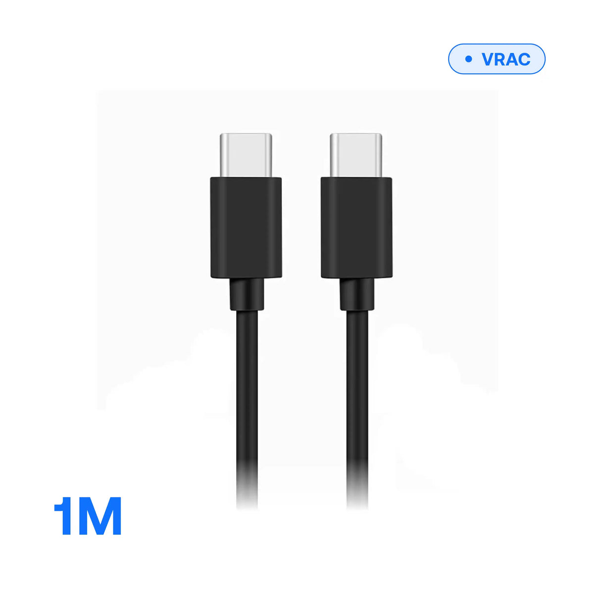 Câble USB-C vers USB-C 3 A — 1 m noir, gros plan sur les connecteurs, en vrac