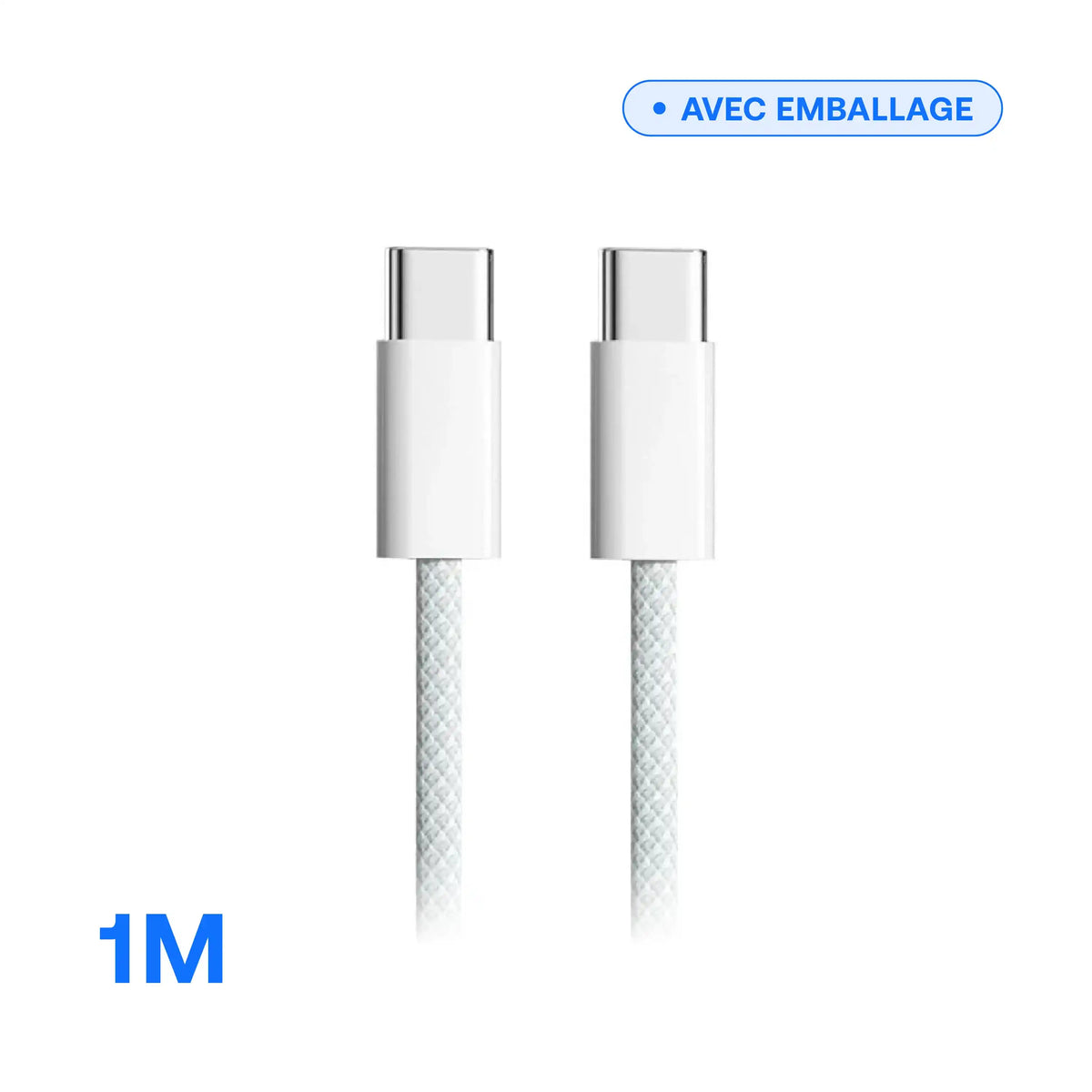 Câble USB-C vers USB-C 60 W — 1 m noir, gros plan sur les connecteurs, vendu avec emballage