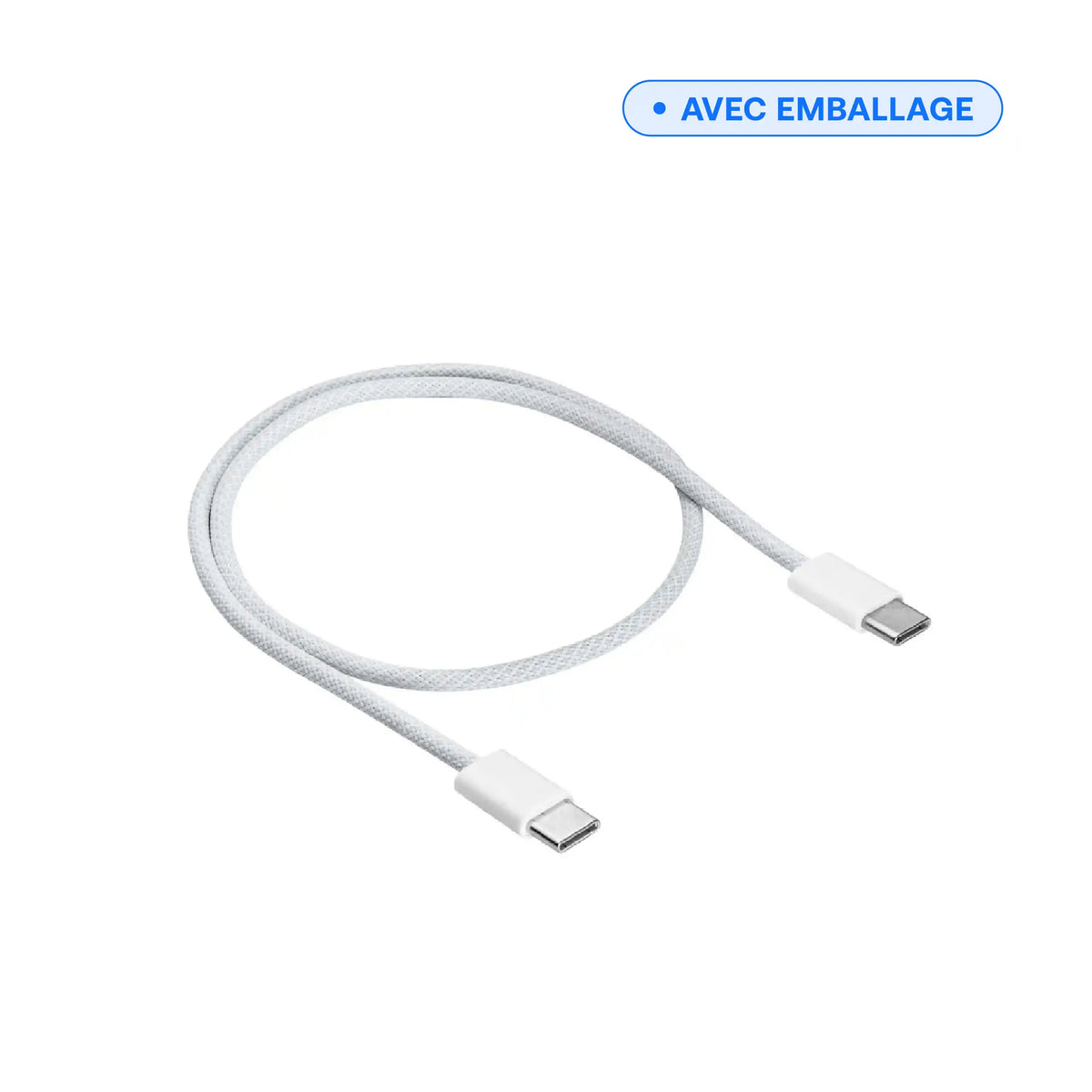 Câble USB-C vers USB-C 60 W — 1 m noir, vue complète du câble enroulé, vendu avec emballage