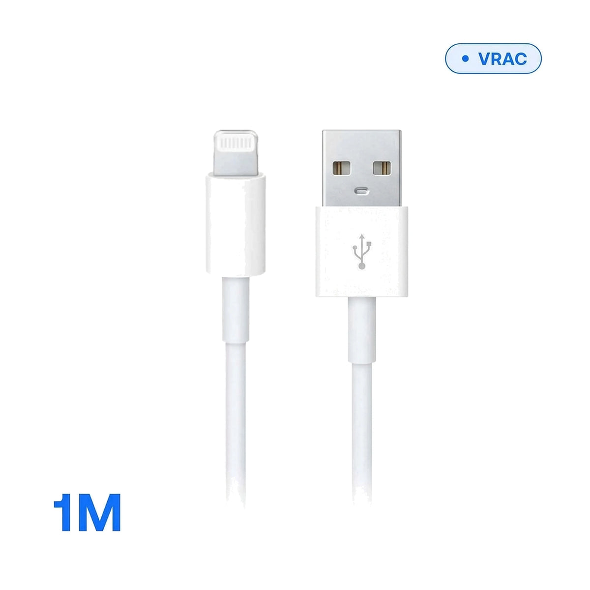 Câble USB vers Lightning — 1 m blanc, gros plan sur les connecteurs, en vrac
