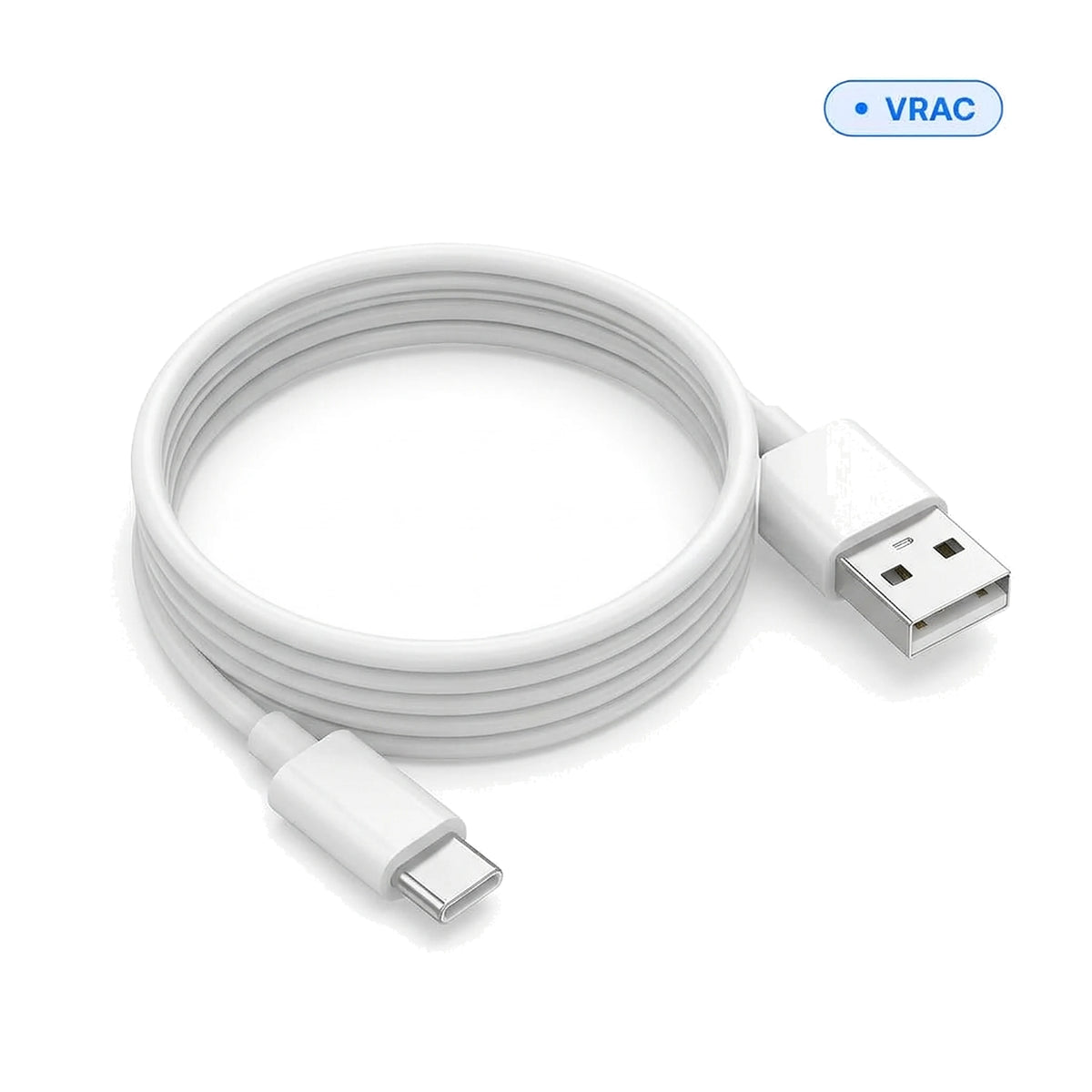 Câble USB vers USB-C — 1 m blanc, vue complète du câble enroulé, en vrac