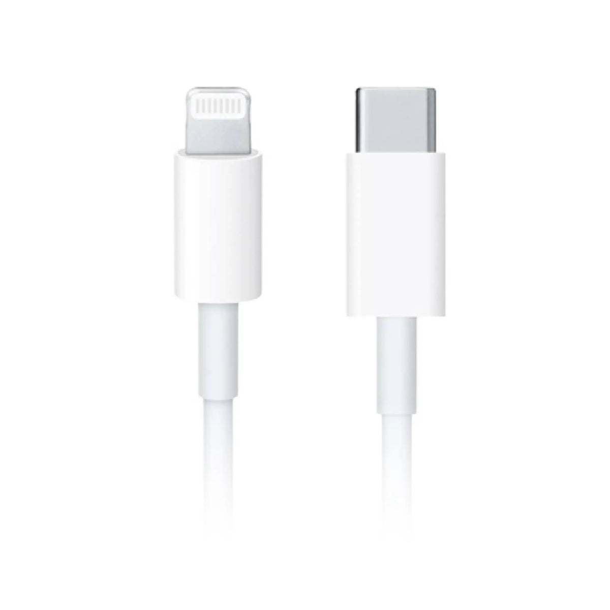 Câble USB-C vers Lightning blanc, gros plan sur les connecteurs