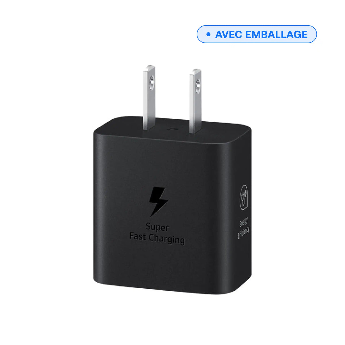 Chargeur mural USB-C 25 W noir, vue de face avec broches, vendu avec emballage