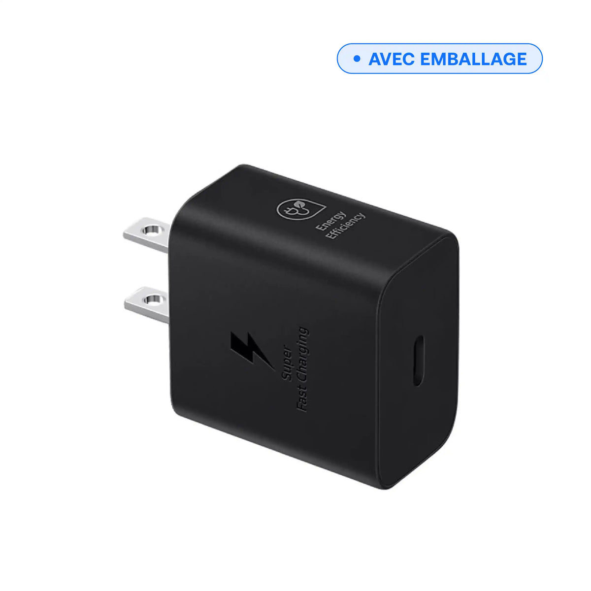 Chargeur mural USB-C 25 W noir, vue inclinée montrant le port USB-C, vendu avec emballage