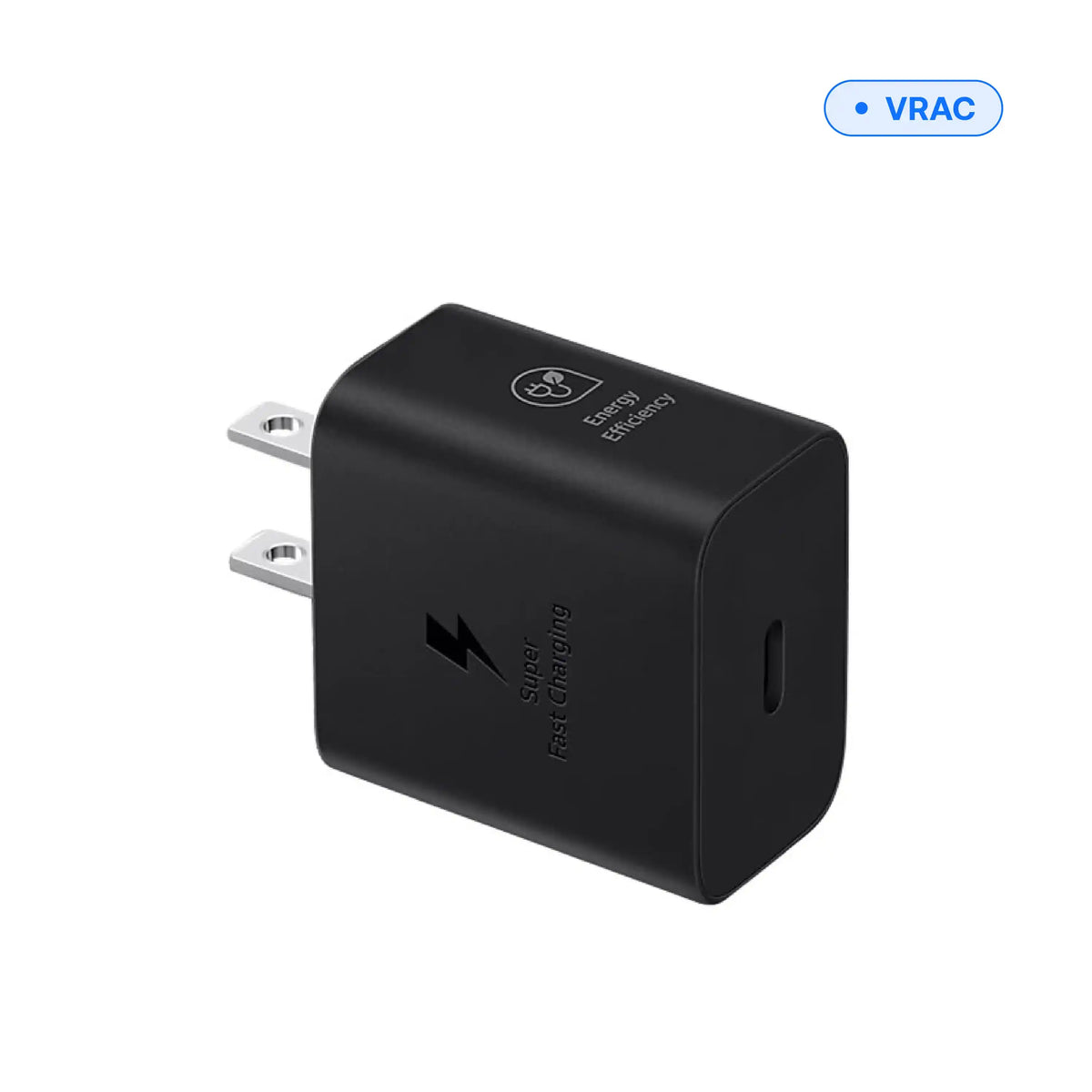USB-C wall charger 25 W black, angled view showing the USB-C port, bulk