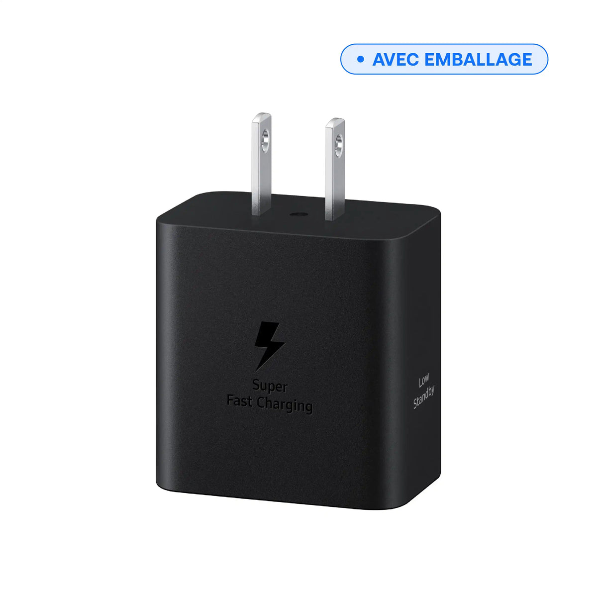 Chargeur mural USB-C 45 W noir, vue de face avec broches, vendu avec emballage
