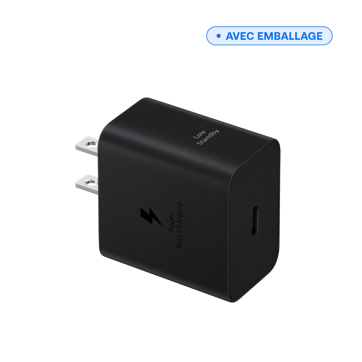Chargeur mural USB-C 45 W noir, vue inclinée montrant le port USB-C, vendu avec emballage