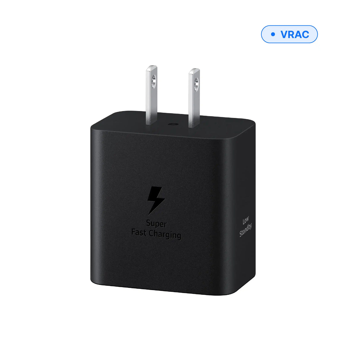 Chargeur mural USB-C 45 W noir, vue de face avec broches, en vrac