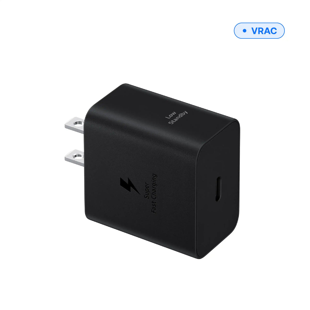 USB-C wall charger 45 W black, angled view showing the USB-C port, bulk