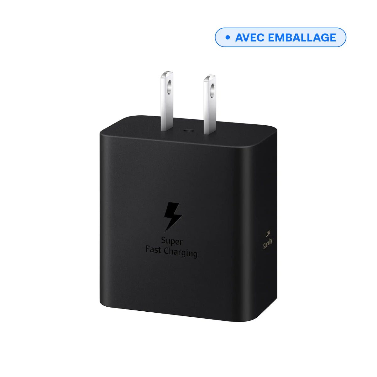 Chargeur mural USB-C 60 W noir, vue de face avec broches, vendu avec emballage