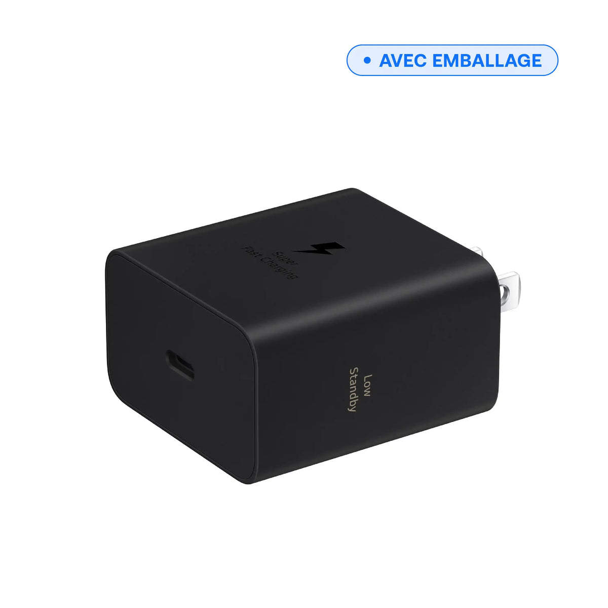 Chargeur mural USB-C 60 W noir, vue inclinée montrant le port USB-C, vendu avec emballage