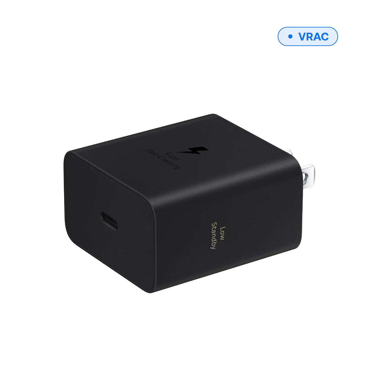 Chargeur mural USB-C 60 W noir, vue inclinée montrant le port USB-C, en vrac