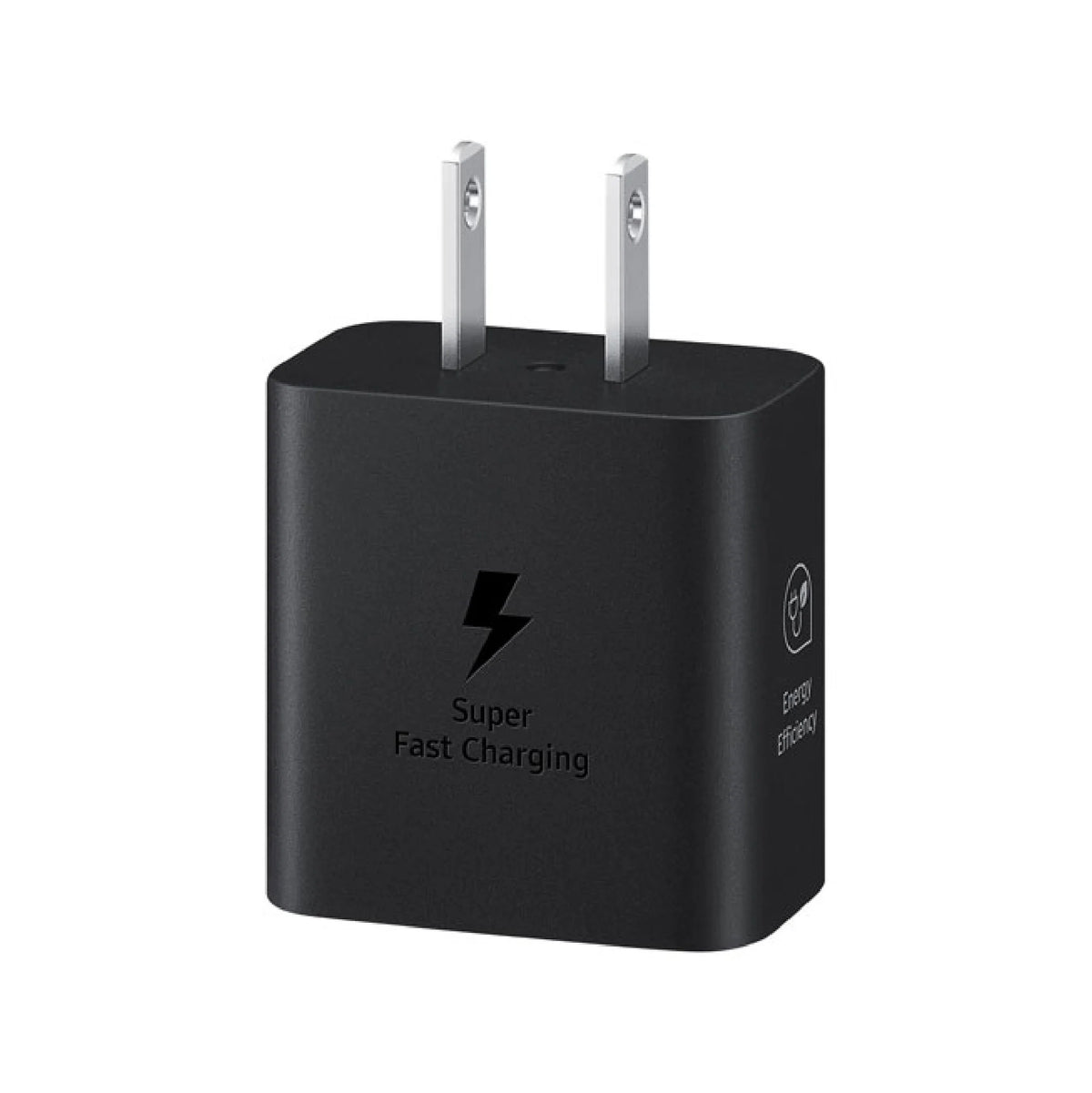 Chargeur mural USB-C 25 W blanc, vue inclinée avec broches et port USB-C