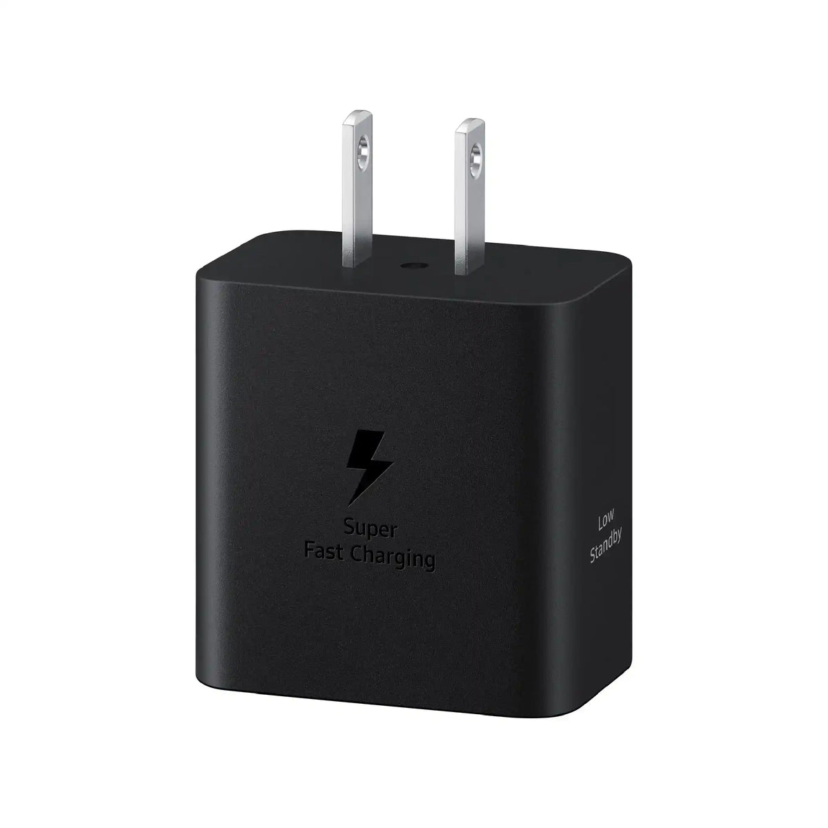 Chargeur mural USB-C 45 W blanc, vue inclinée avec broches et port USB-C