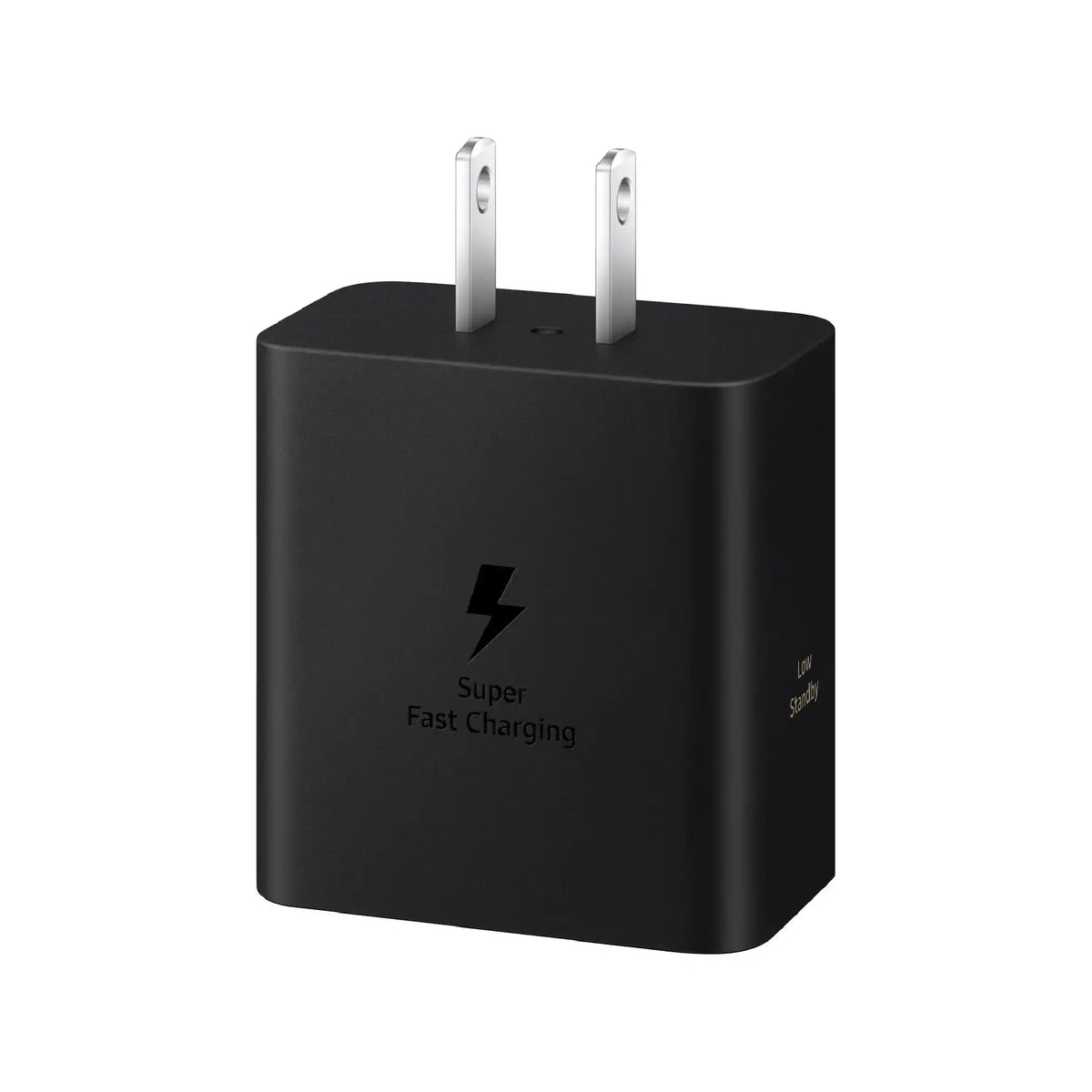 Chargeur mural USB-C 60 W blanc, vue inclinée avec broches et port USB-C
