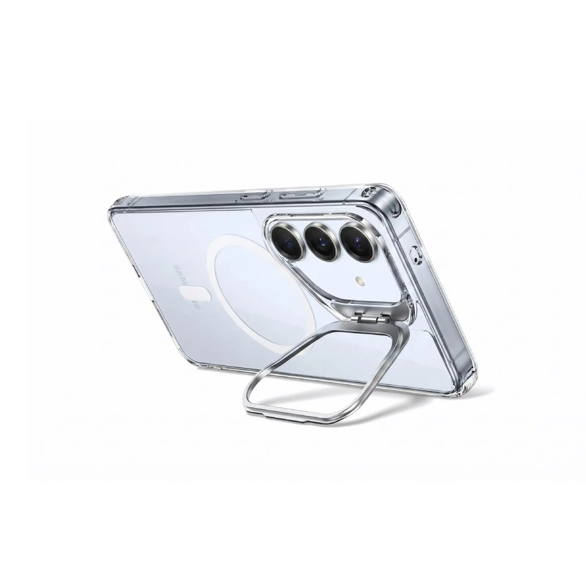 Étui transparent MOVY Clear compatible MagSafe pour Samsung Galaxy S25, S24, support intégré déployé en mode paysage