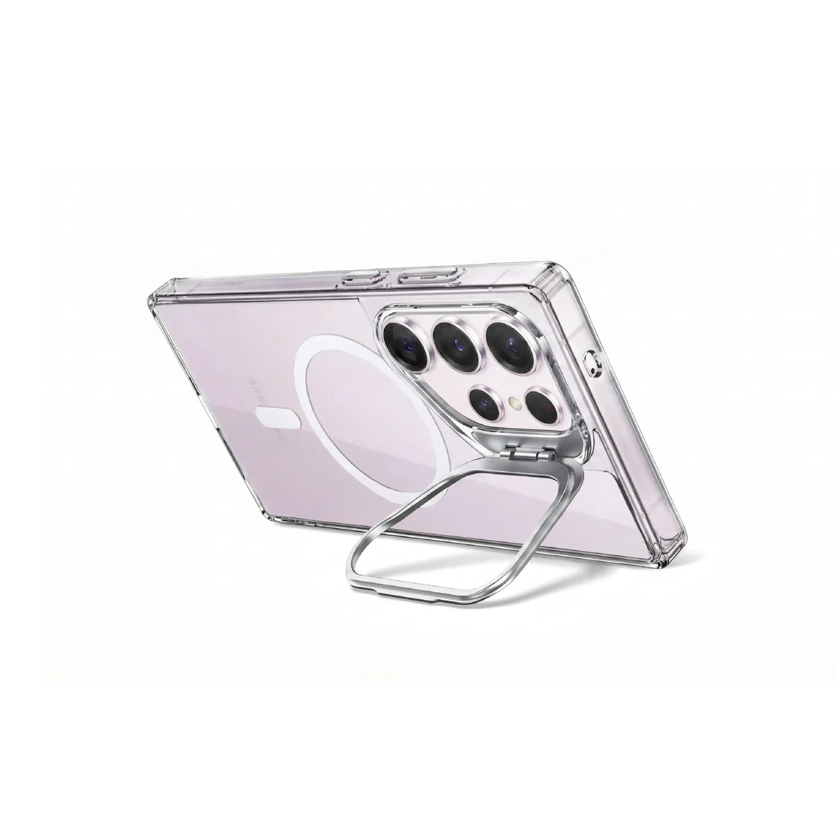 MOVY Clear MagSafe-compatible clear case for Samsung Galaxy S23 Ultra, built-in kickstand extended in landscape mode