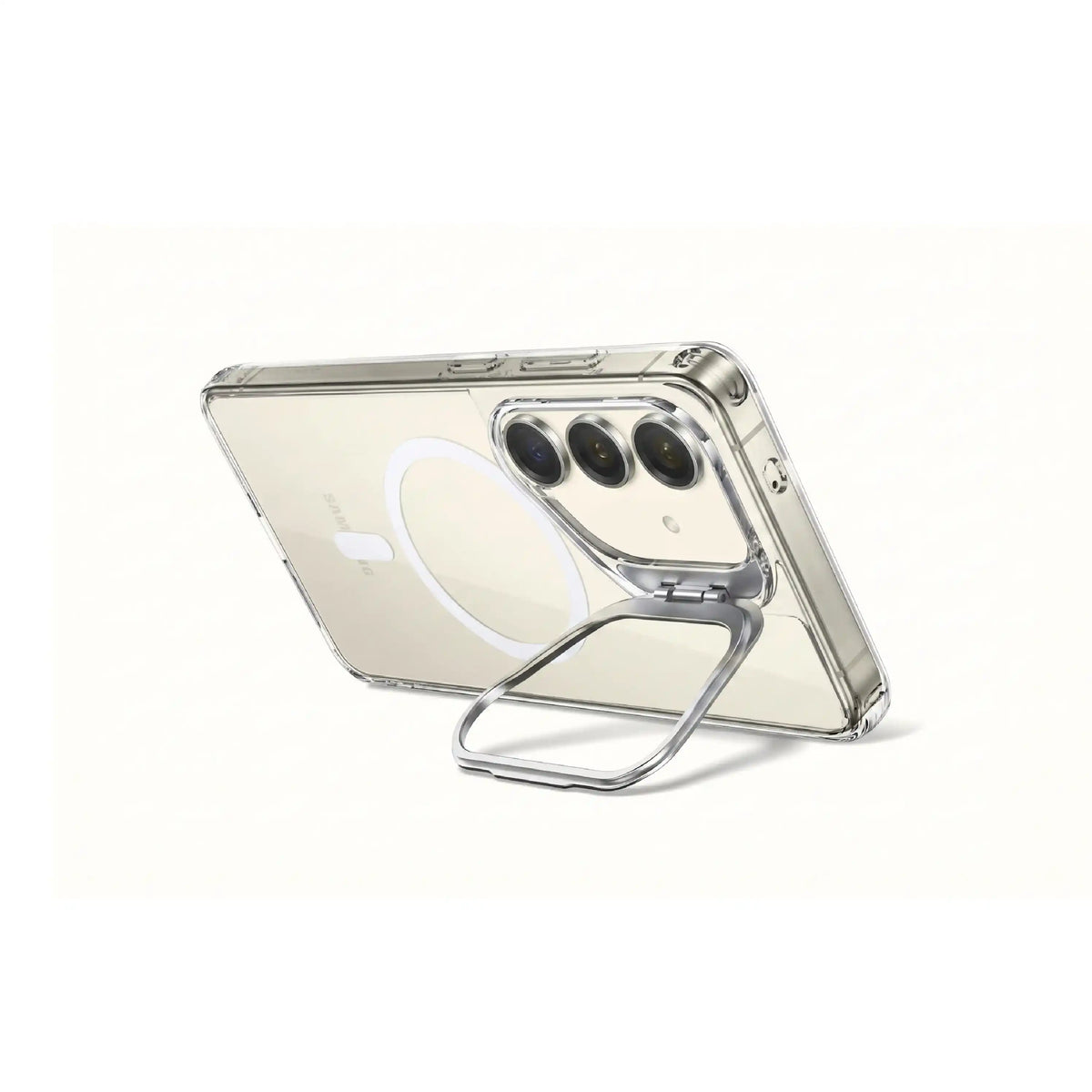 Étui transparent MOVY Clear compatible MagSafe pour Samsung Galaxy S23+, support intégré déployé en mode paysage