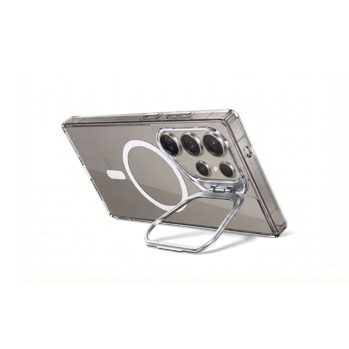 Étui transparent MOVY Clear compatible MagSafe pour Samsung Galaxy S24 Ultra, support intégré déployé en mode paysage