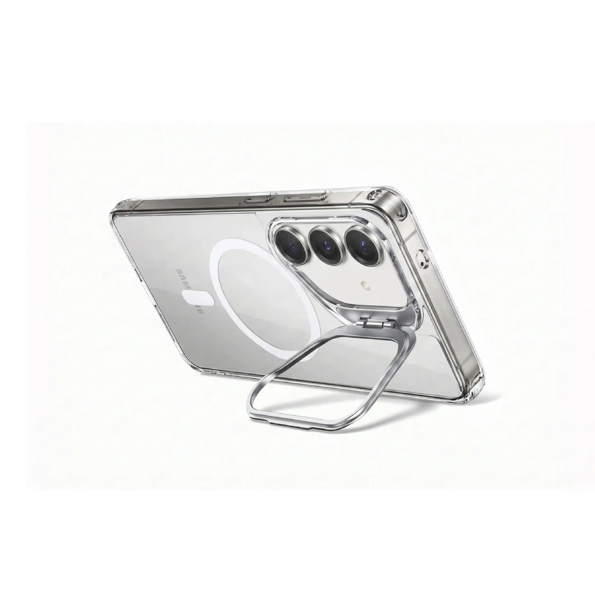 MOVY Clear MagSafe-compatible clear case for Samsung Galaxy S24+, built-in kickstand extended in landscape mode