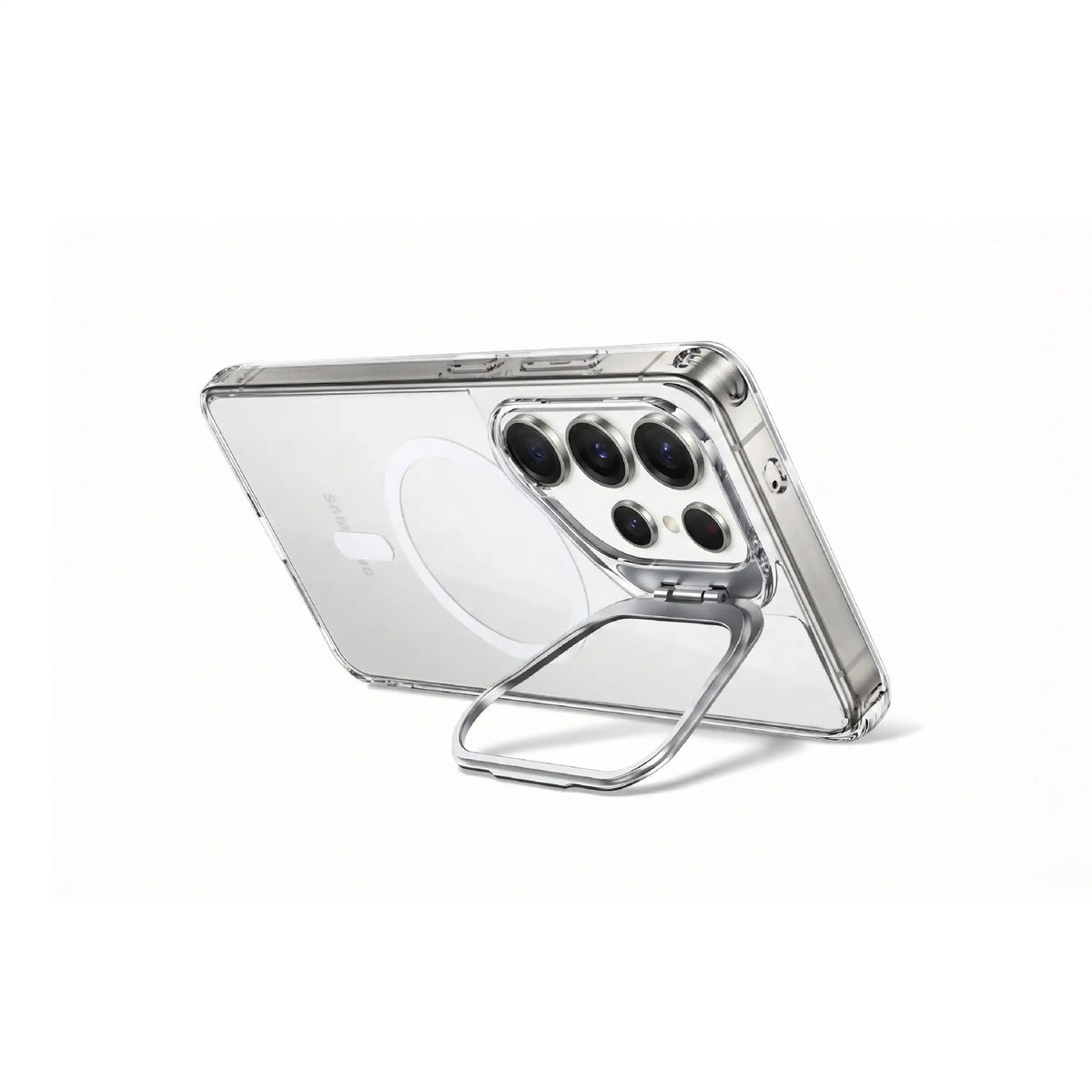Étui transparent MOVY Clear compatible MagSafe pour Samsung Galaxy S25 Ultra, support intégré déployé en mode paysage