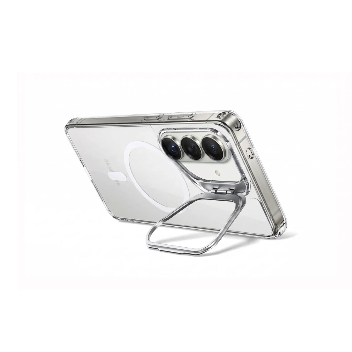 Étui transparent MOVY Clear compatible MagSafe pour Samsung Galaxy S26, support intégré déployé en mode paysage