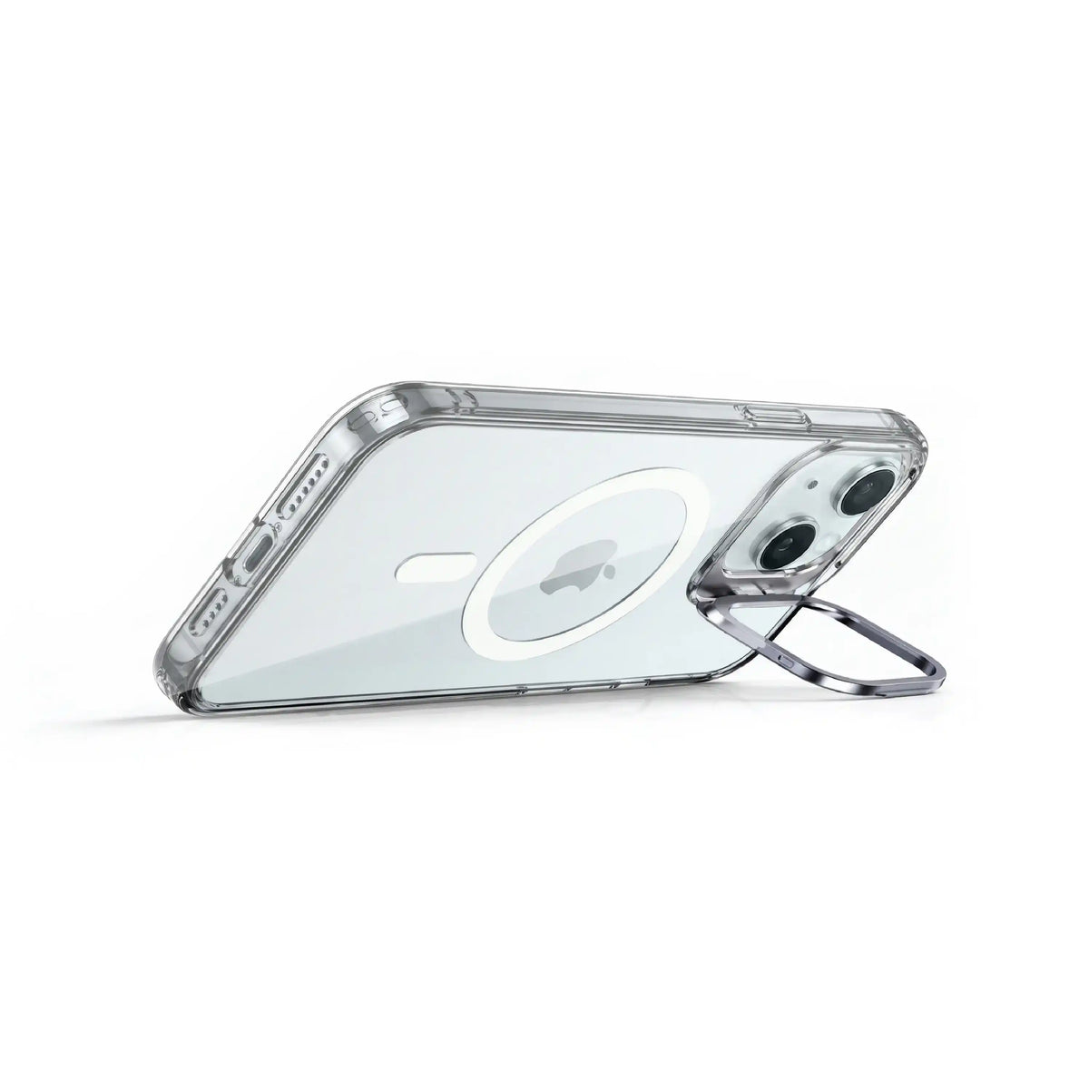 Étui transparent MOVY Clear compatible MagSafe pour iPhone 15, support intégré déployé en mode paysage