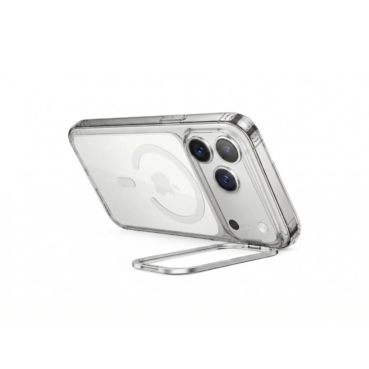 MOVY Clear MagSafe-compatible clear case for iPhone 18 Pro Max / 17 Pro Max, built-in kickstand extended in landscape mode