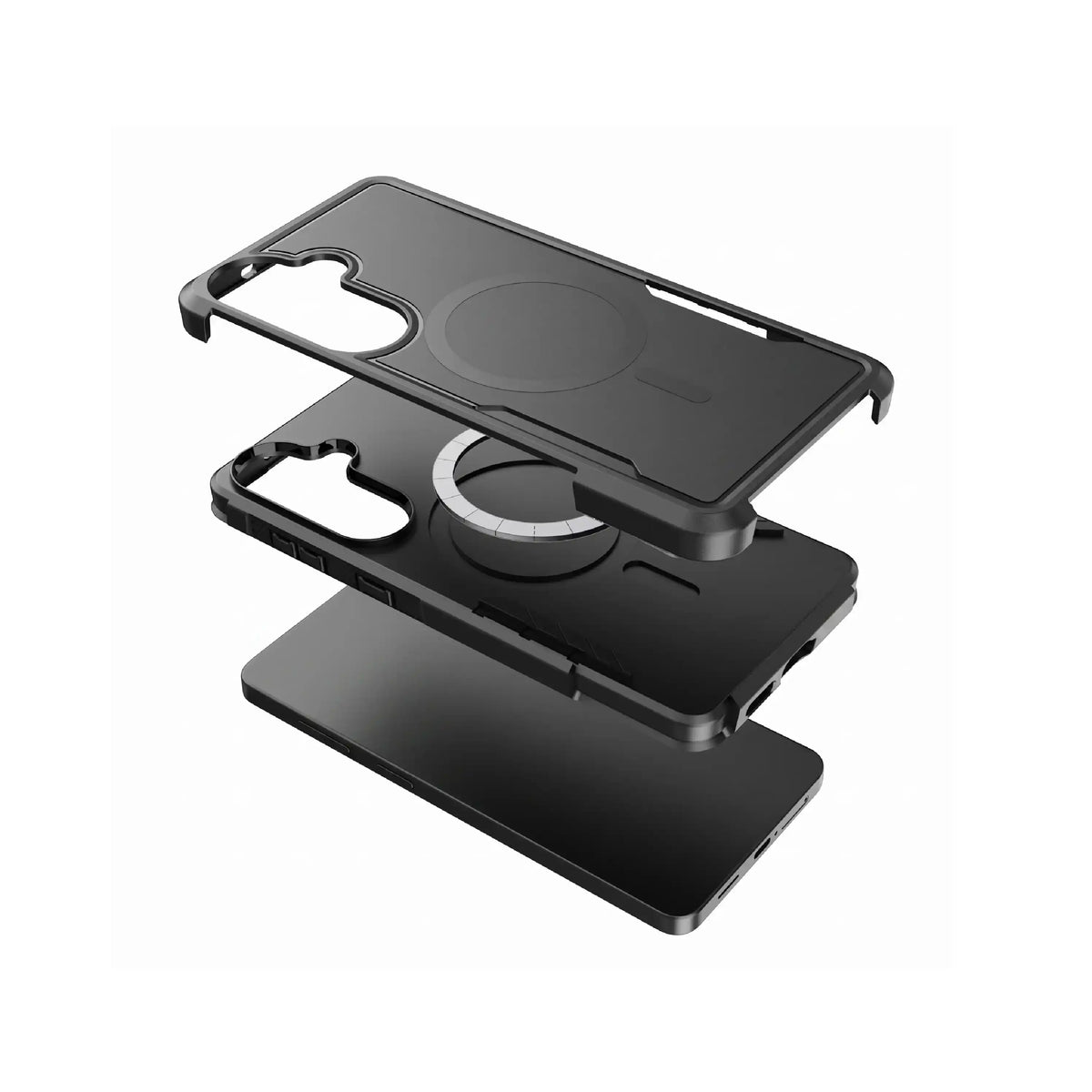 MOVY Rugged MagSafe-compatible case for Samsung Galaxy S24+, built-in kickstand extended in landscape mode
