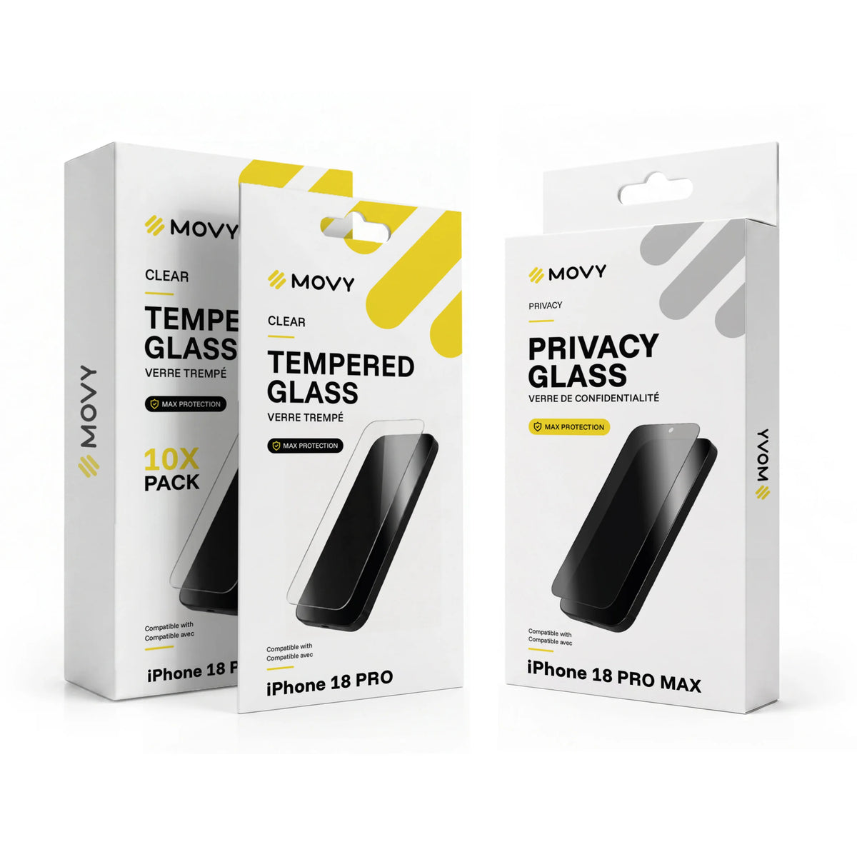 Accessoires MOVY pour la revente : étuis MagSafe et verres trempés Clear et Privacy