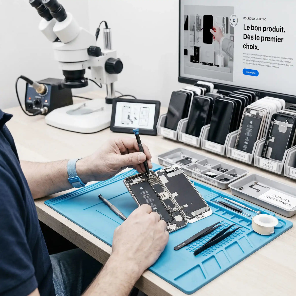 Technicien réparant un téléphone dans un atelier professionnel de pièces mobiles Celltro
