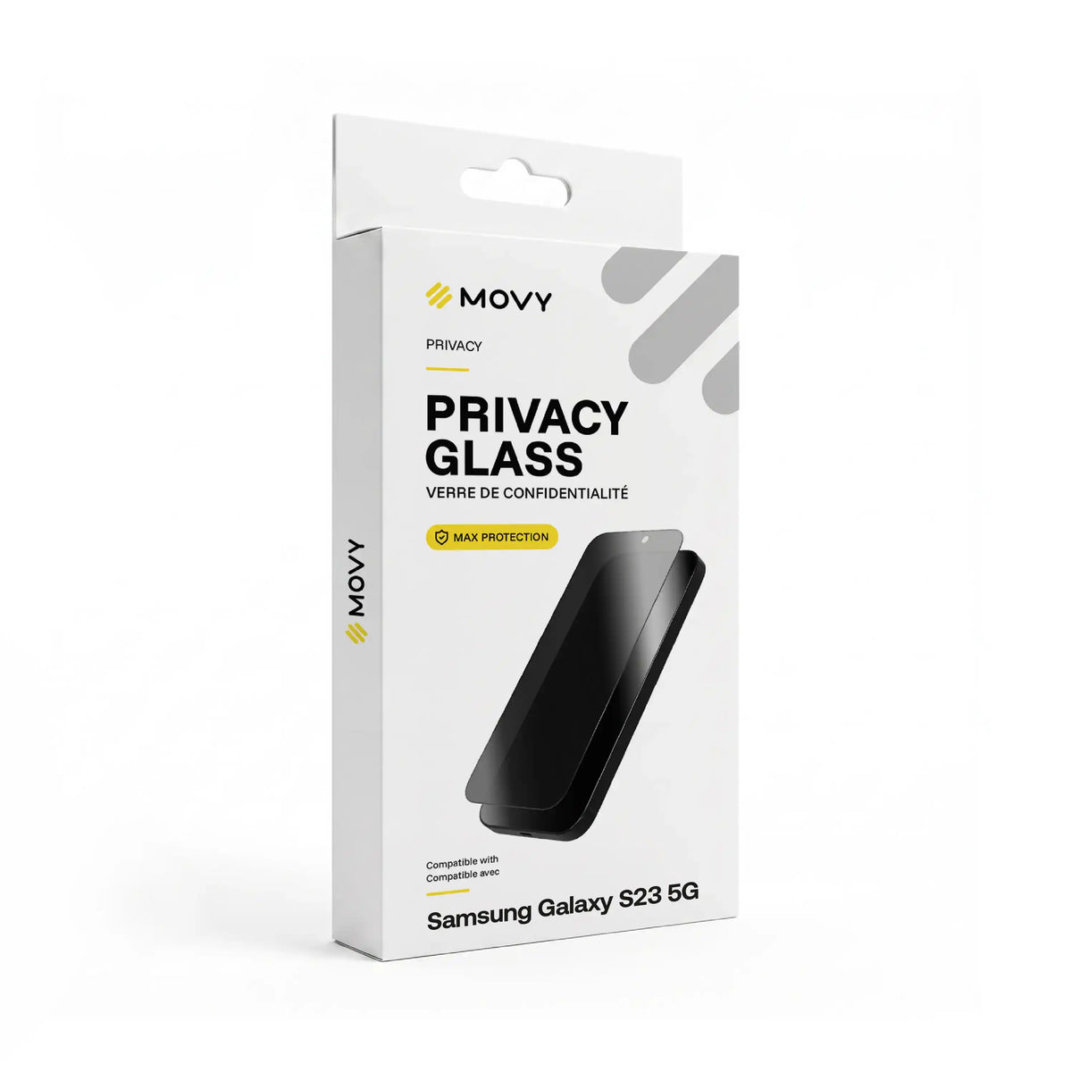 Front of the MOVY Privacy privacy screen protector packaging for Samsung Galaxy S23 5G