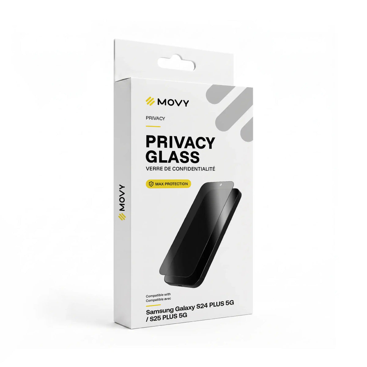 Front of the MOVY Privacy privacy screen protector packaging for Samsung Galaxy S24 Plus 5G, S25 Plus 5G