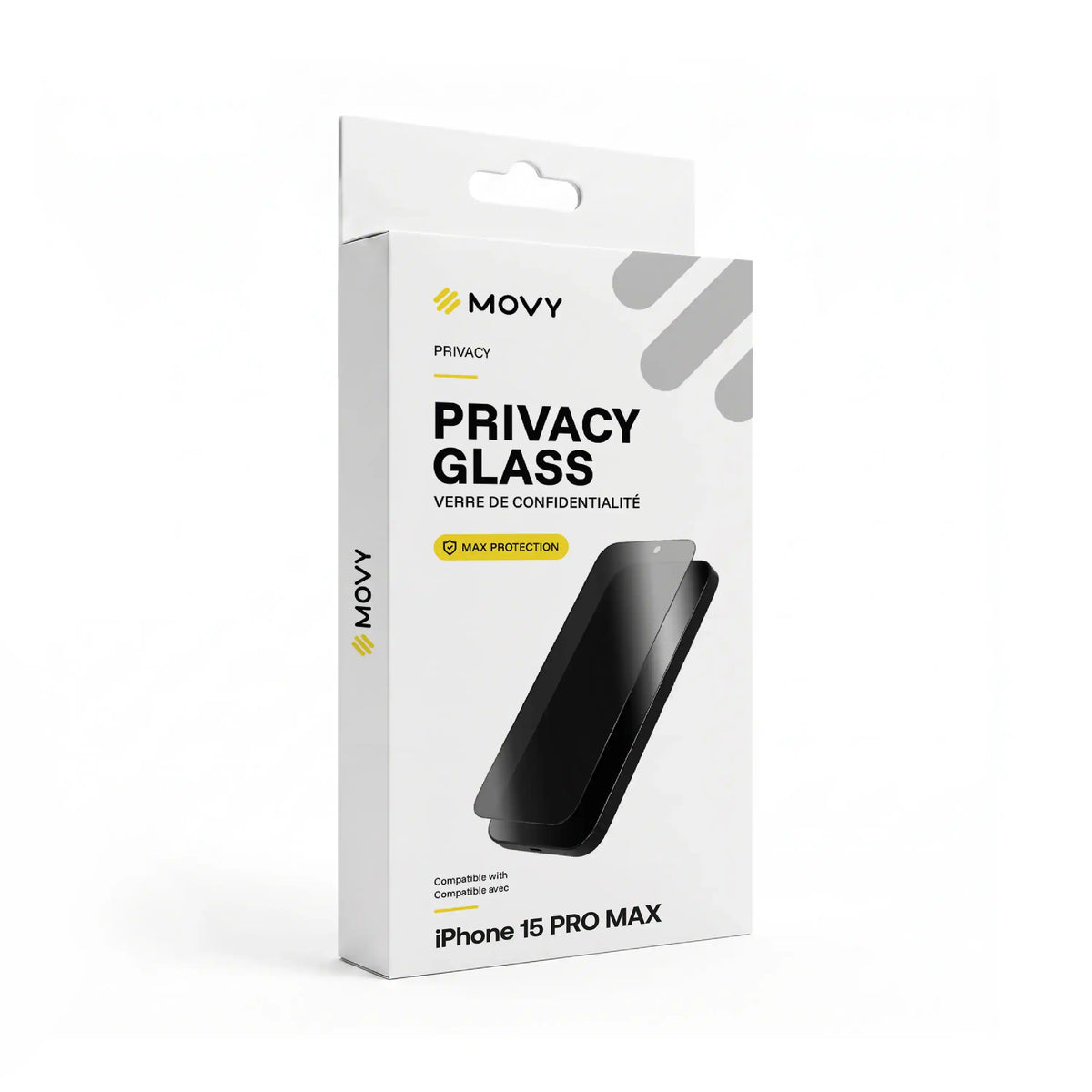 Emballage avant du verre de confidentialité MOVY Privacy pour iPhone 15 Pro Max
