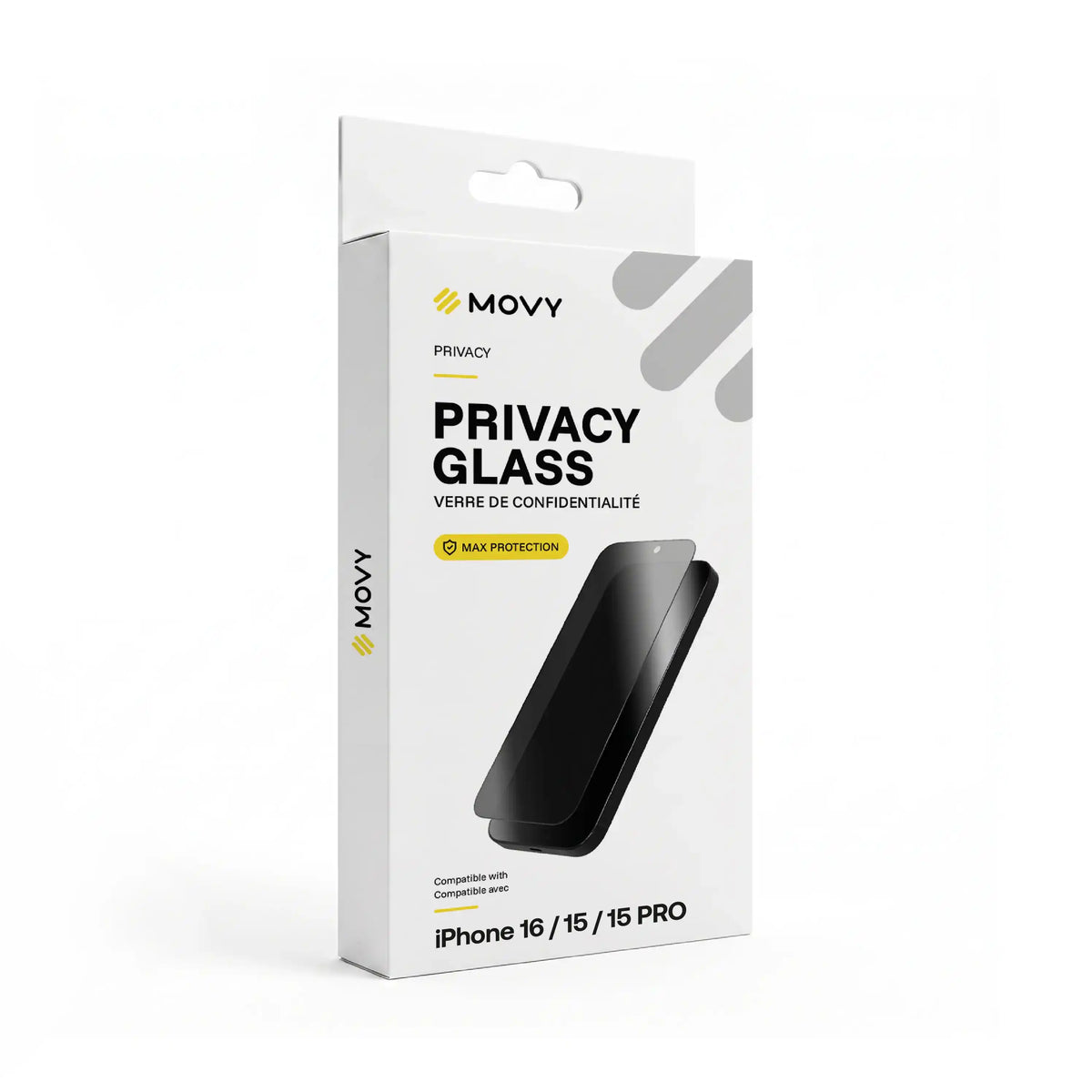 Emballage avant du verre de confidentialité MOVY Privacy pour iPhone 16, 15, 15 Pro