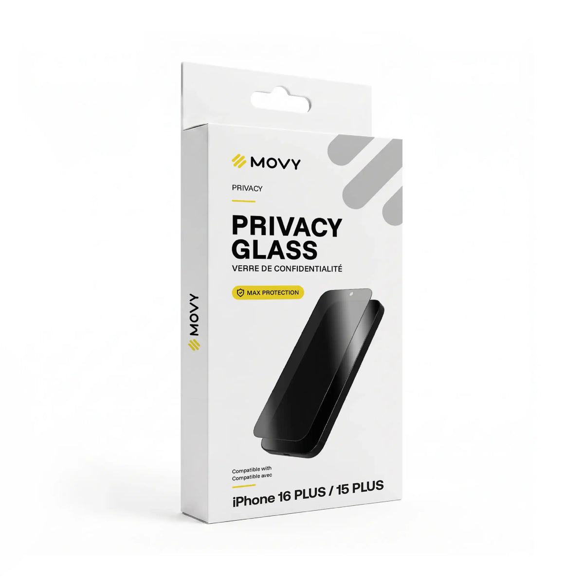 Emballage avant du verre de confidentialité MOVY Privacy pour iPhone 16 Plus, 15 Plus