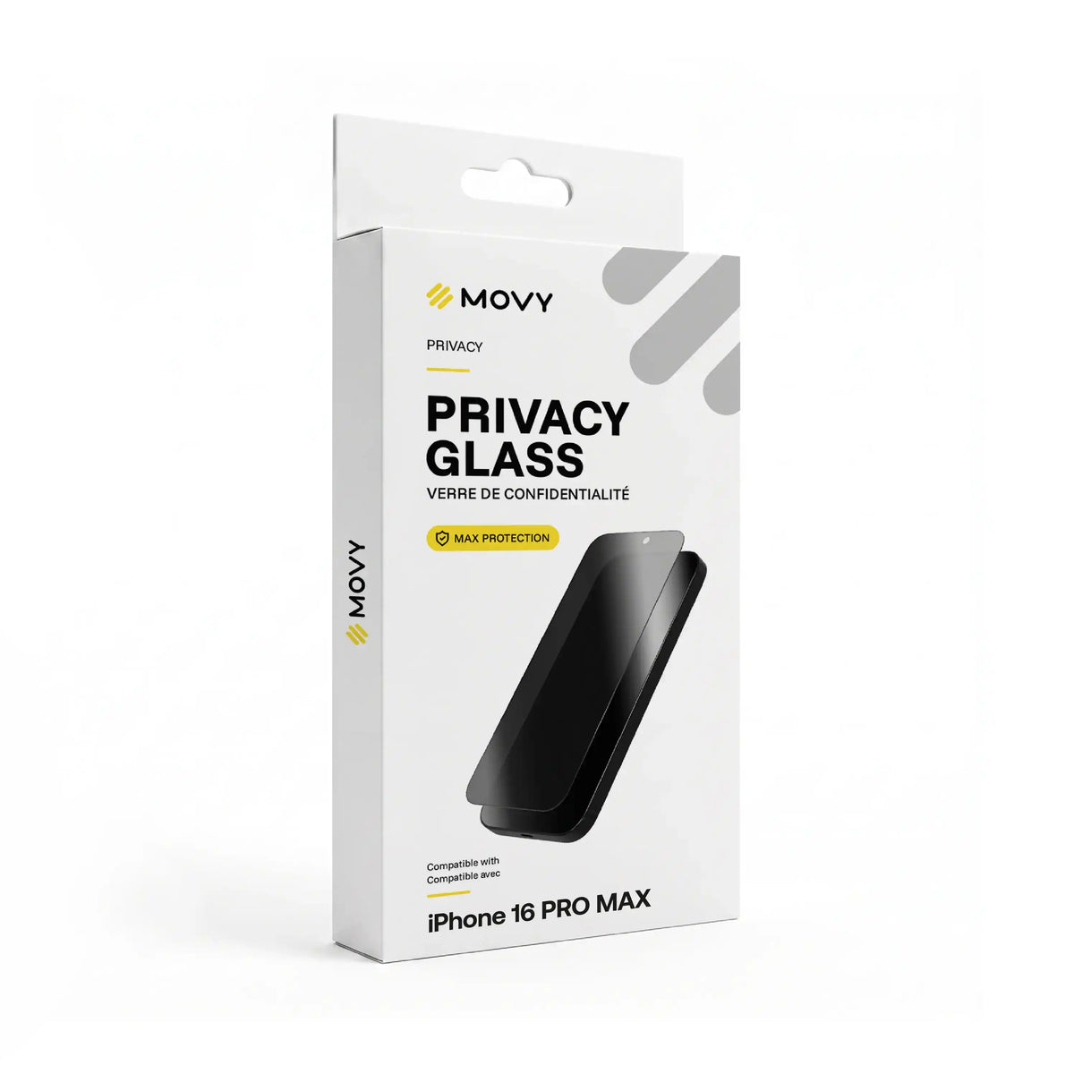 Emballage avant du verre de confidentialité MOVY Privacy pour iPhone 16 Pro Max