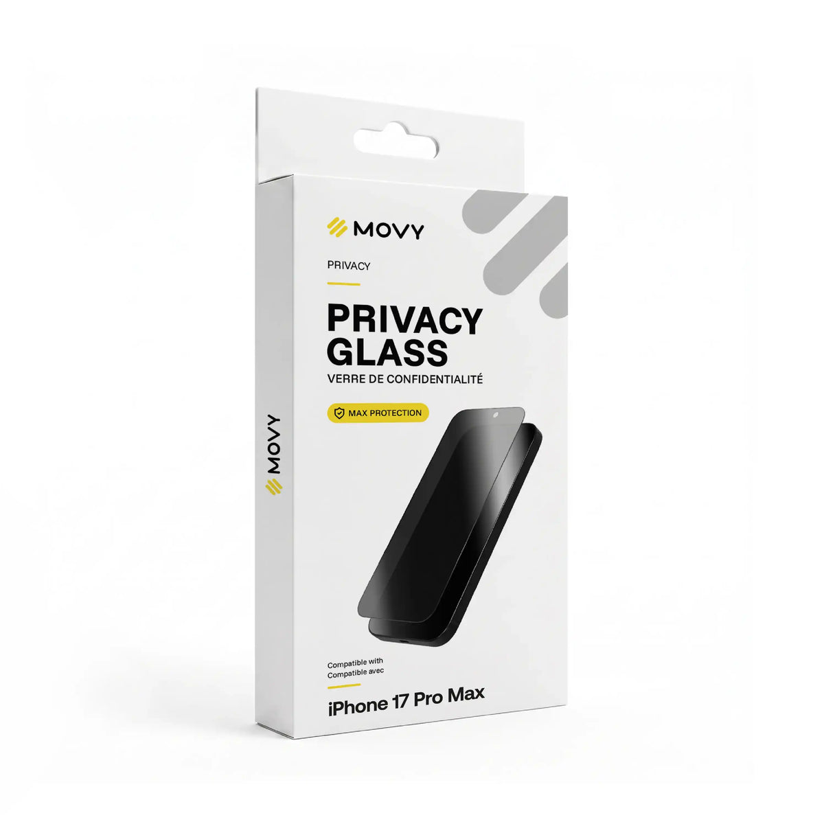 Emballage avant du verre de confidentialité MOVY Privacy pour iPhone 17 Pro Max