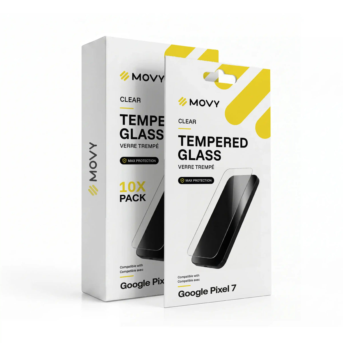 Emballage avant de 10 verres trempés transparents MOVY Clear pour Google Pixel 7
