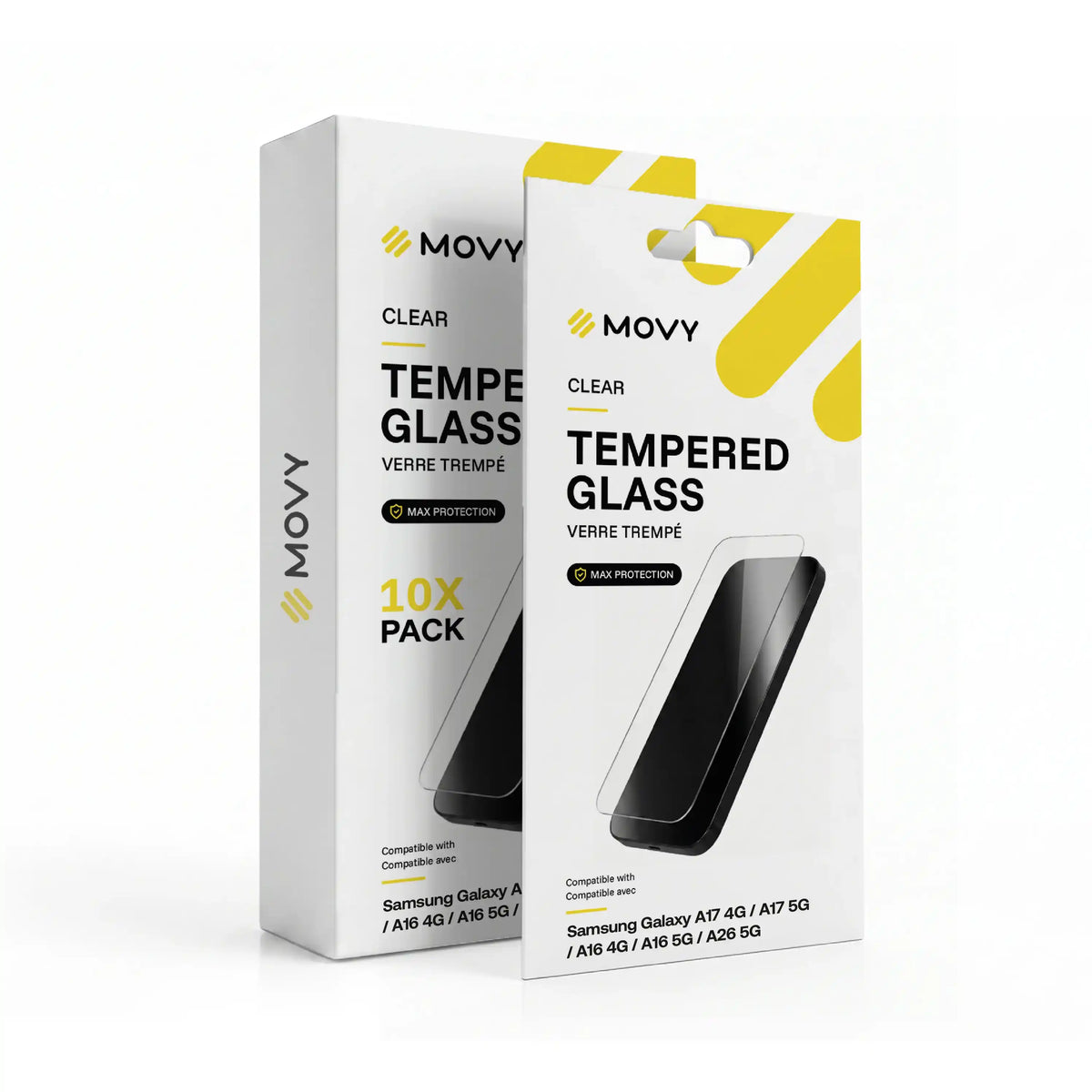 Emballage avant de 10 verres trempés transparents MOVY Clear pour Samsung Galaxy A17 4G, A17 5G, A16 4G, A16 5G, A26 5G