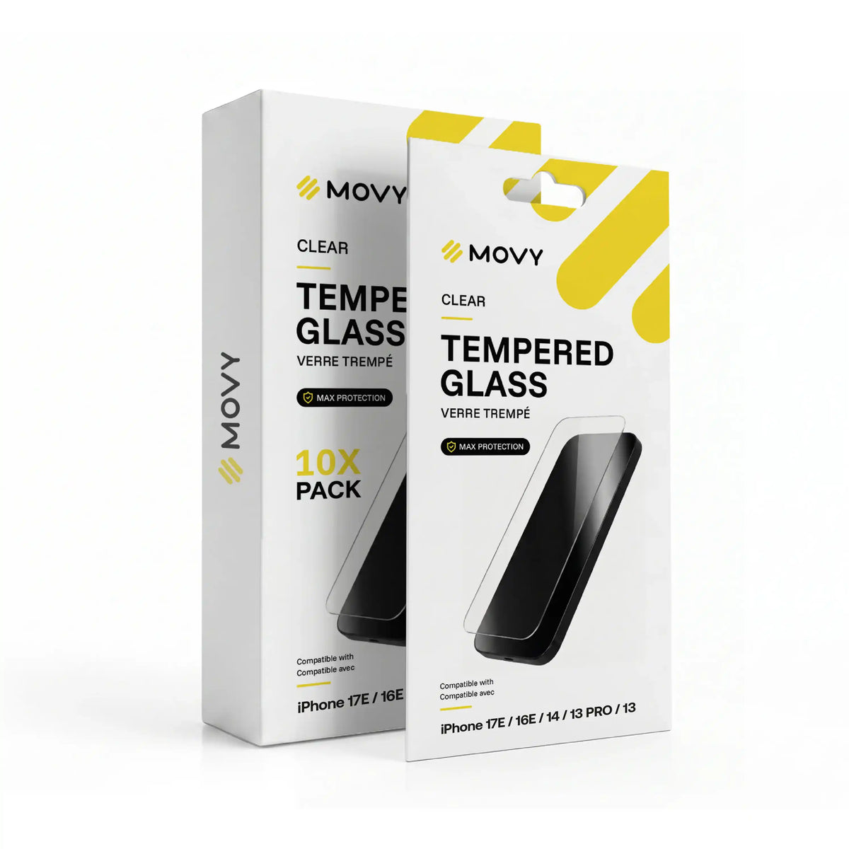 Emballage avant de 10 verres trempés transparents MOVY Clear pour iPhone 17e, 16e, 14, 13 Pro, 13
